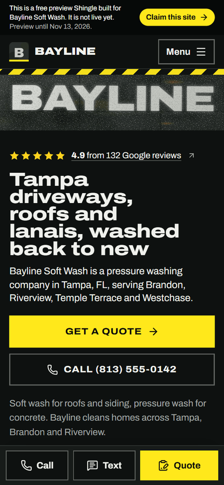Phone screenshot of the sample pressure washing website for Bayline Soft Wash, a fictional business in Tampa, FL, style B