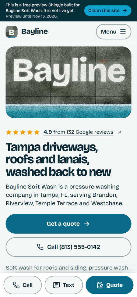 Phone screenshot of the sample pressure washing website for Bayline Soft Wash, a fictional business in Tampa, FL, style C