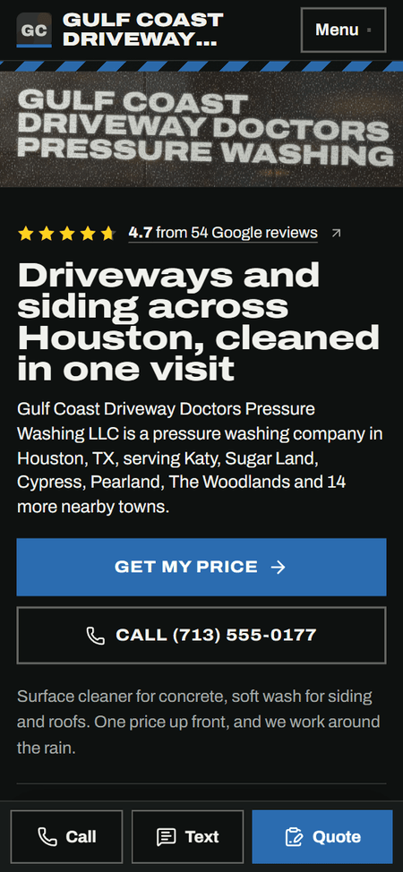 Phone screenshot of the sample pressure washing website for Gulf Coast Driveway Doctors Pressure Washing LLC, a fictional business in Houston, TX, style B