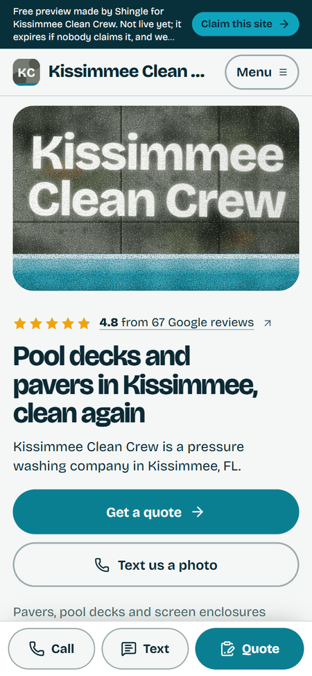 Phone screenshot of the sample pressure washing website for Kissimmee Clean Crew, a fictional business in Kissimmee, FL, style C