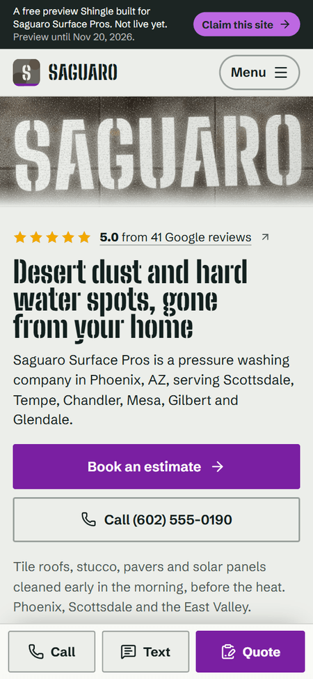 Phone screenshot of the sample pressure washing website for Saguaro Surface Pros, a fictional business in Phoenix, AZ, style A